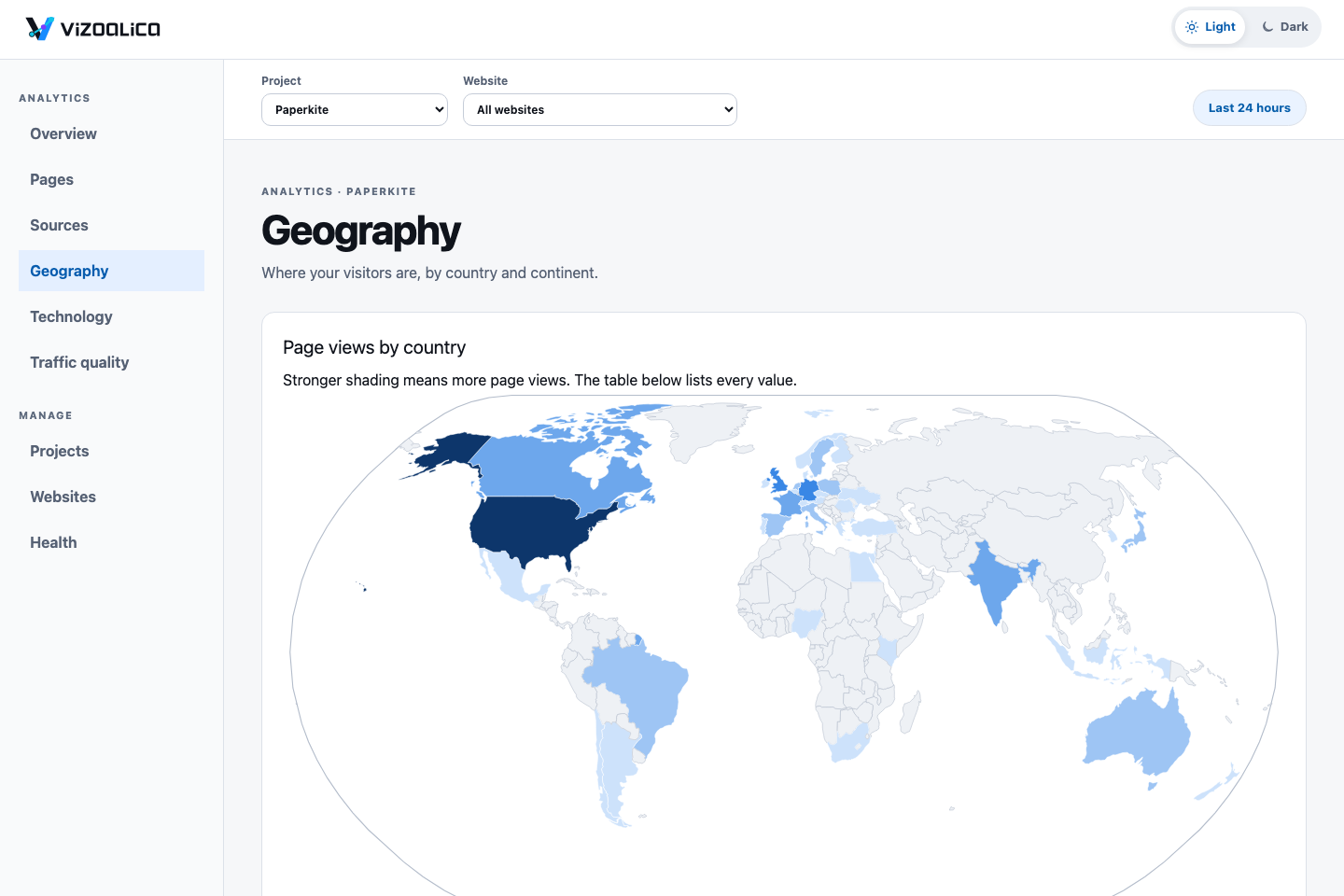 The Geography screen: a world map shaded by page views per country, with the United States darkest, then Germany, the United Kingdom, and France.