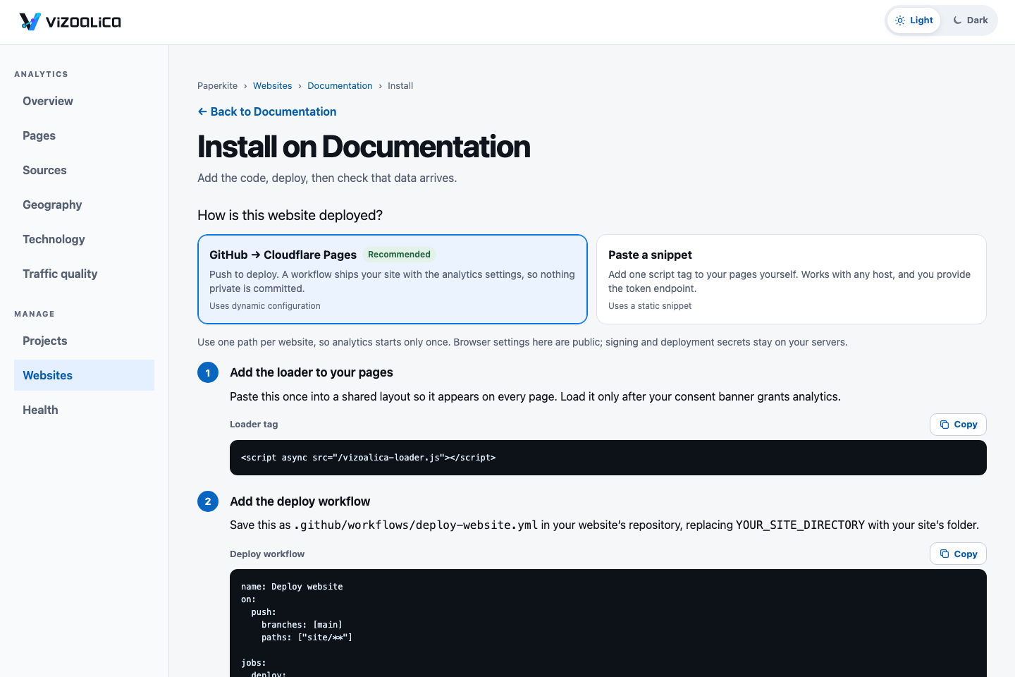 The Install page for a website: a choice between GitHub to Cloudflare Pages, recommended, and pasting a snippet, followed by numbered steps with copyable code.